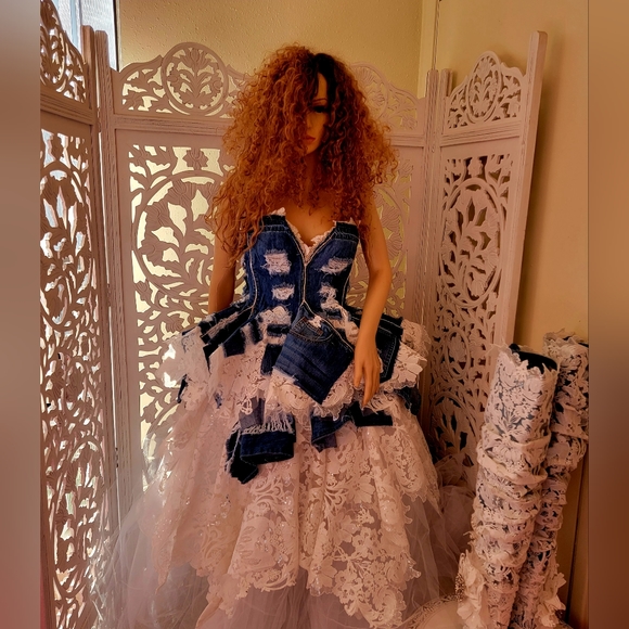The "MOREA" Denim, Crystal & Lace Rustic Wedding Ballgown Set (Without Boots) - Picture 5 of 11